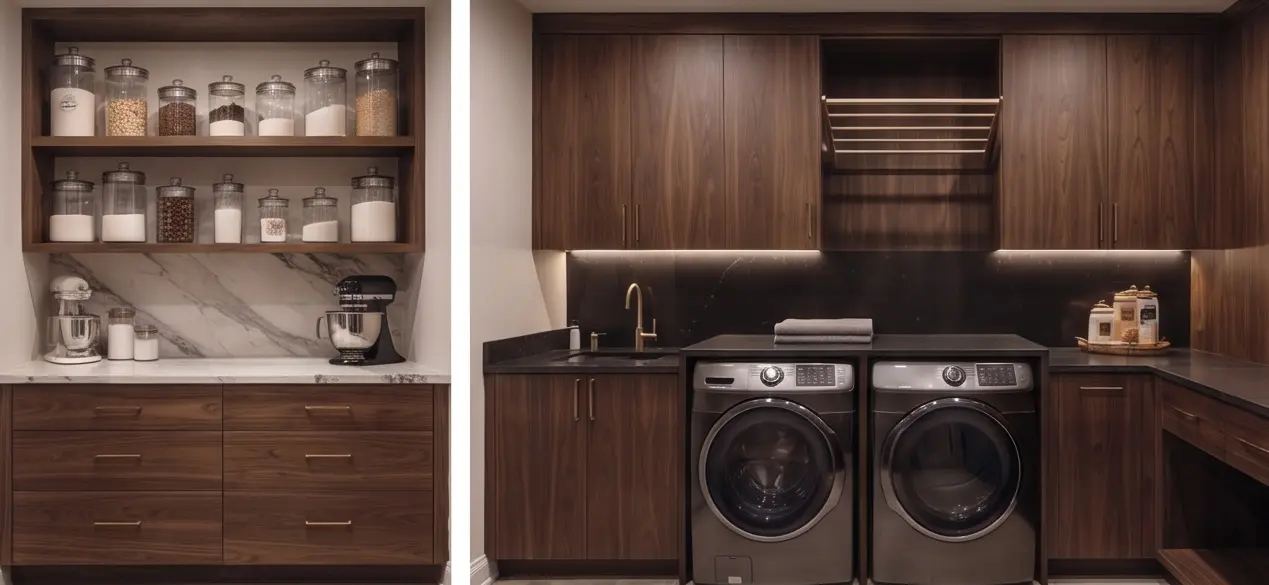 Coordinated walnut baking station and laundry hub