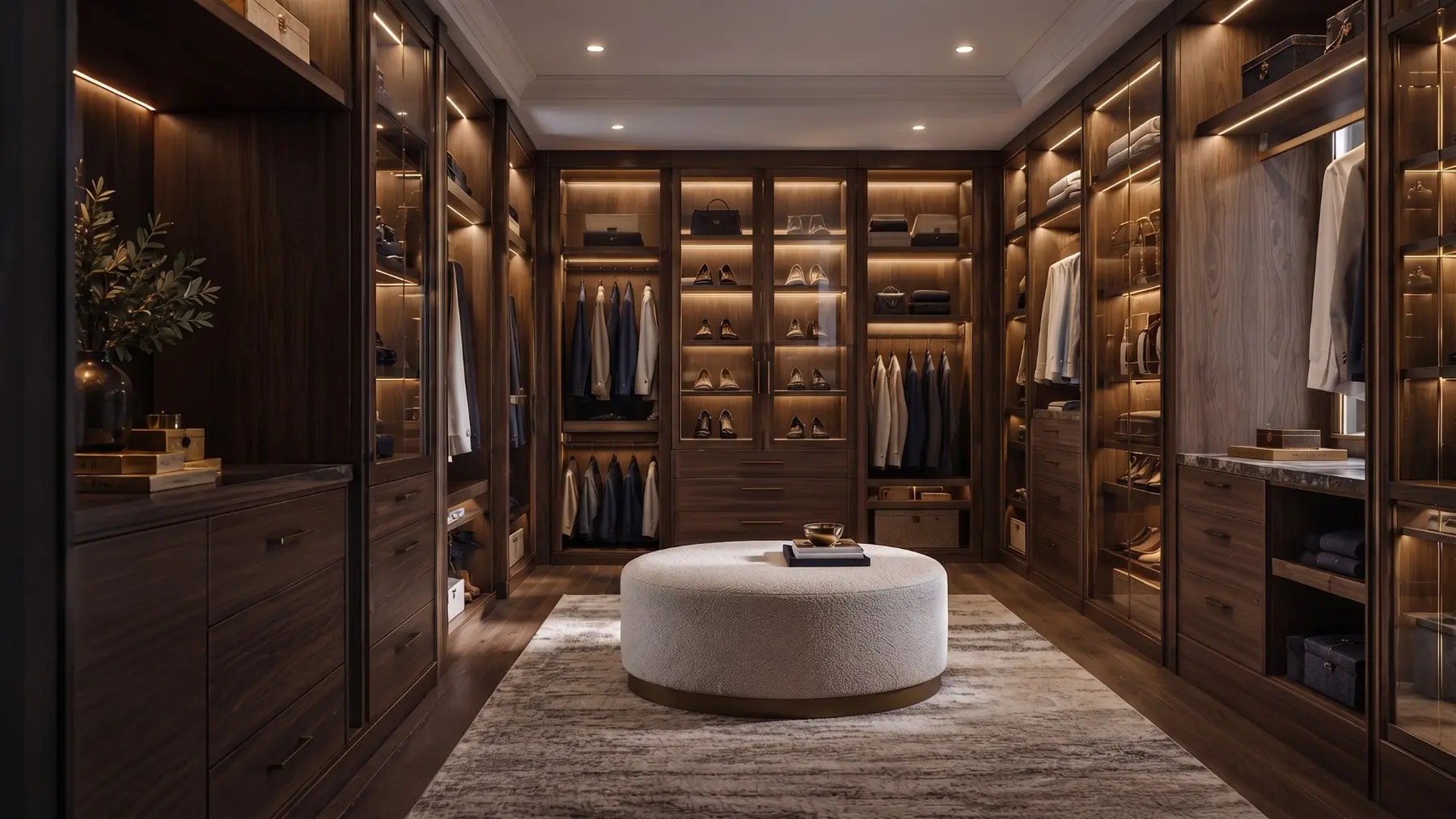 Wide walnut walk-in closet with warm shelf lighting