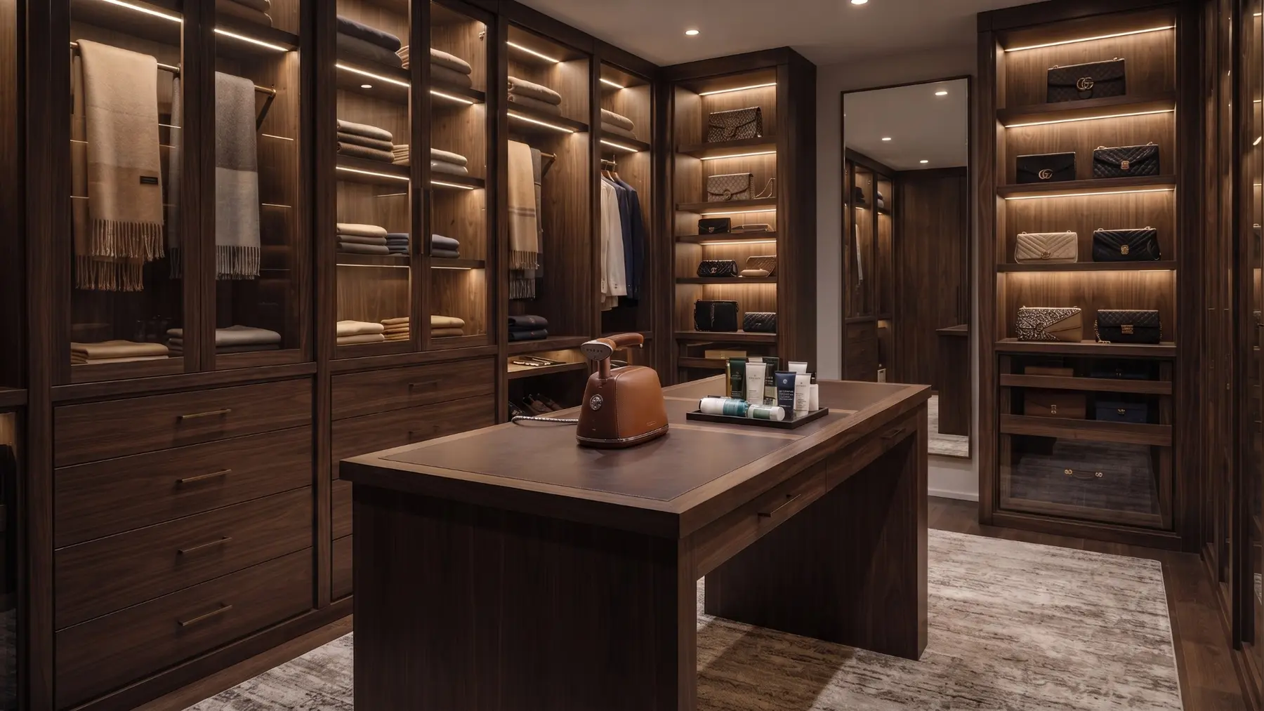 Walnut walk-in closet with a large center storage island