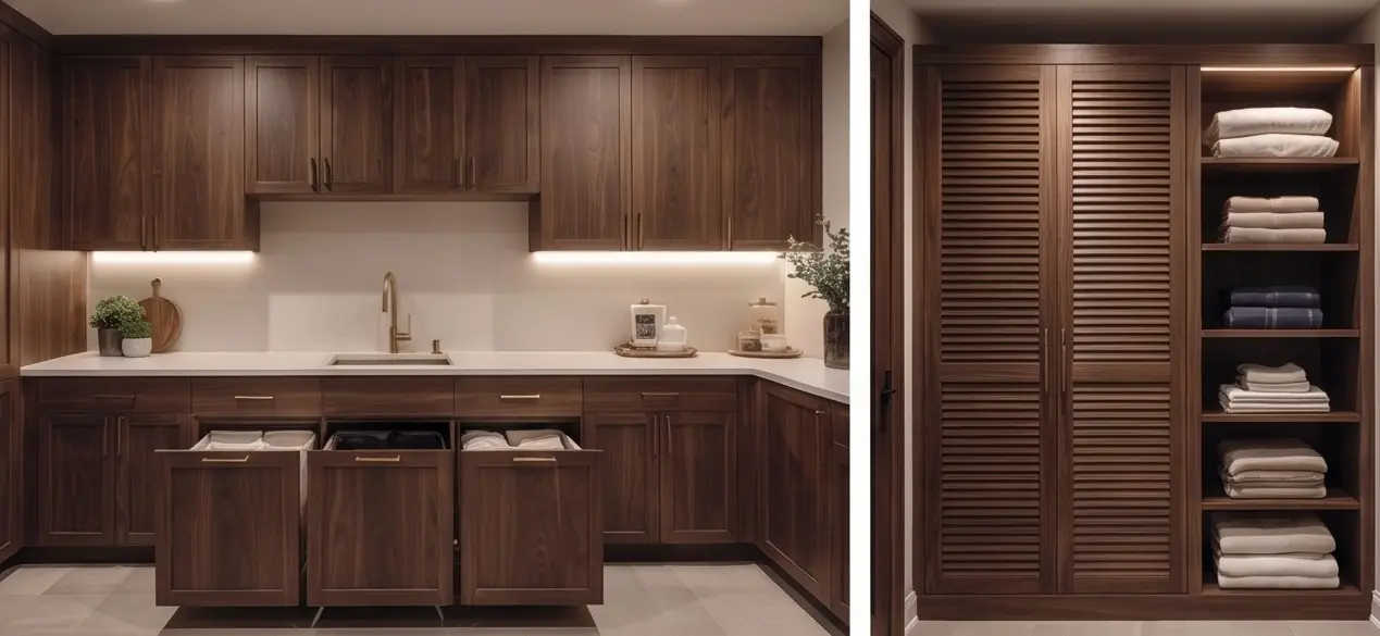 Custom walnut laundry room with concealed hampers and linen storage
