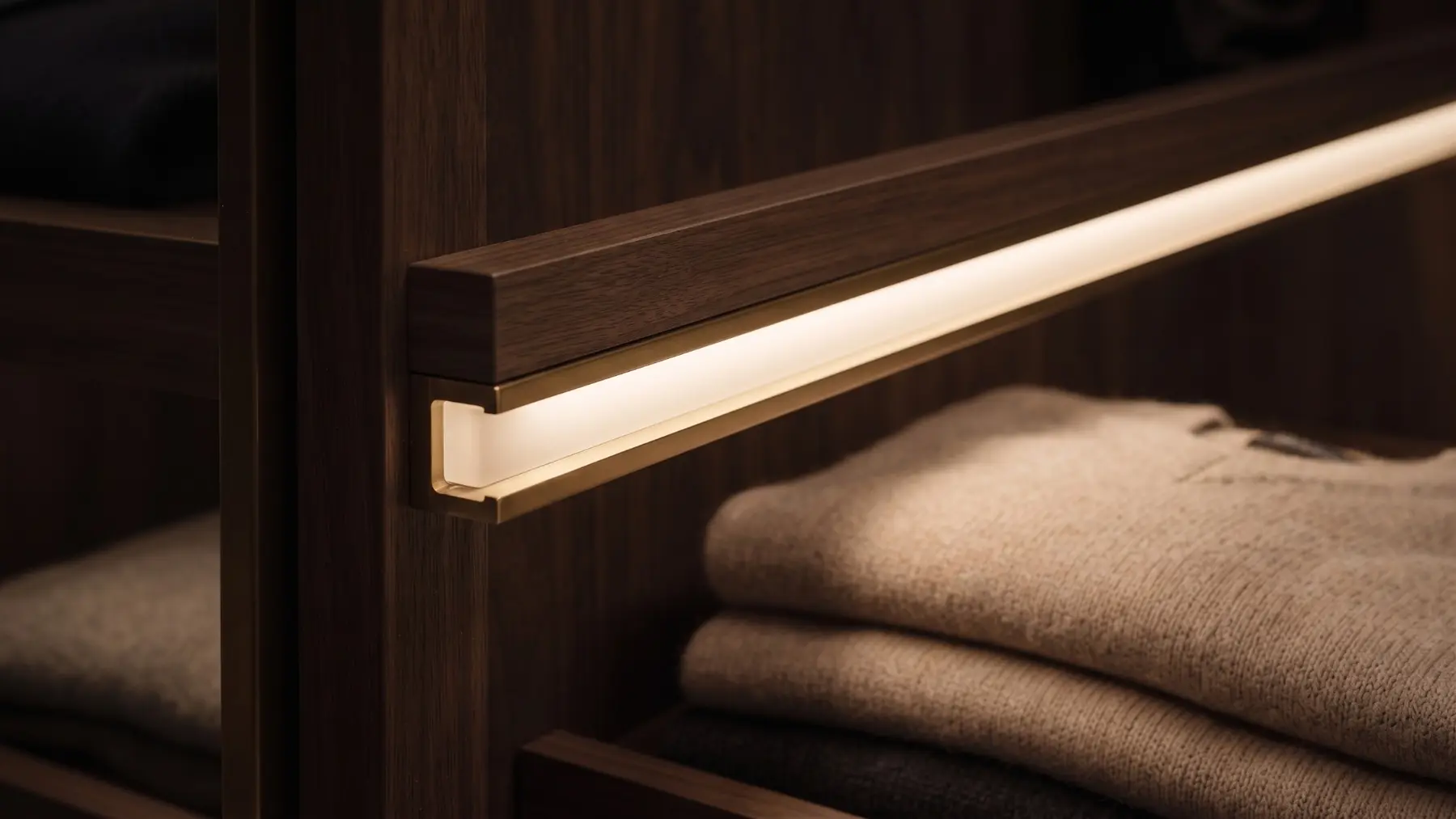 Close-up of integrated lighting beneath a walnut closet shelf