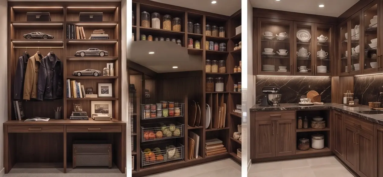 Walnut home office, walk-in pantry and glass-front baking pantry