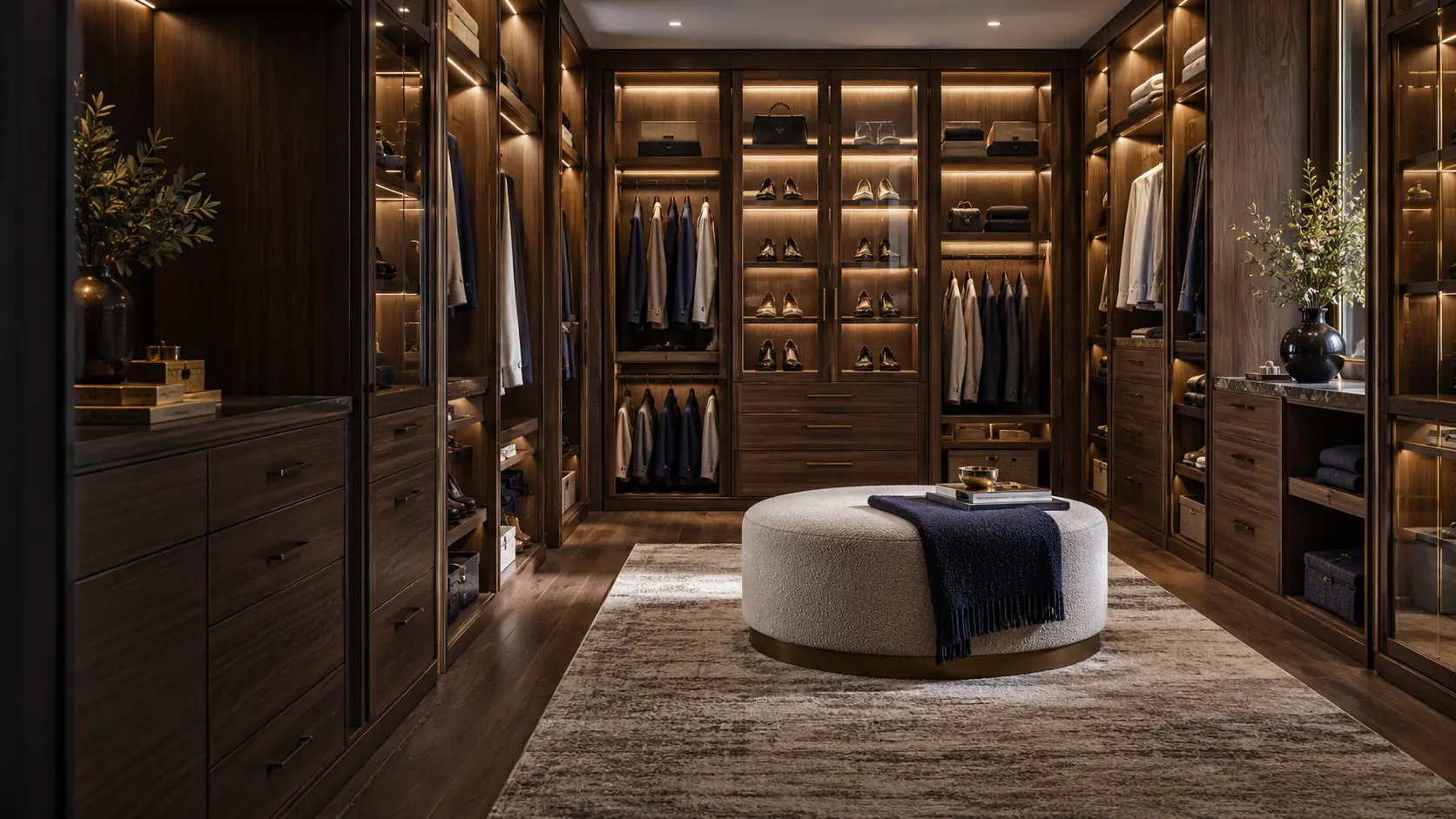Large walnut walk-in closet with illuminated shelving and center ottoman