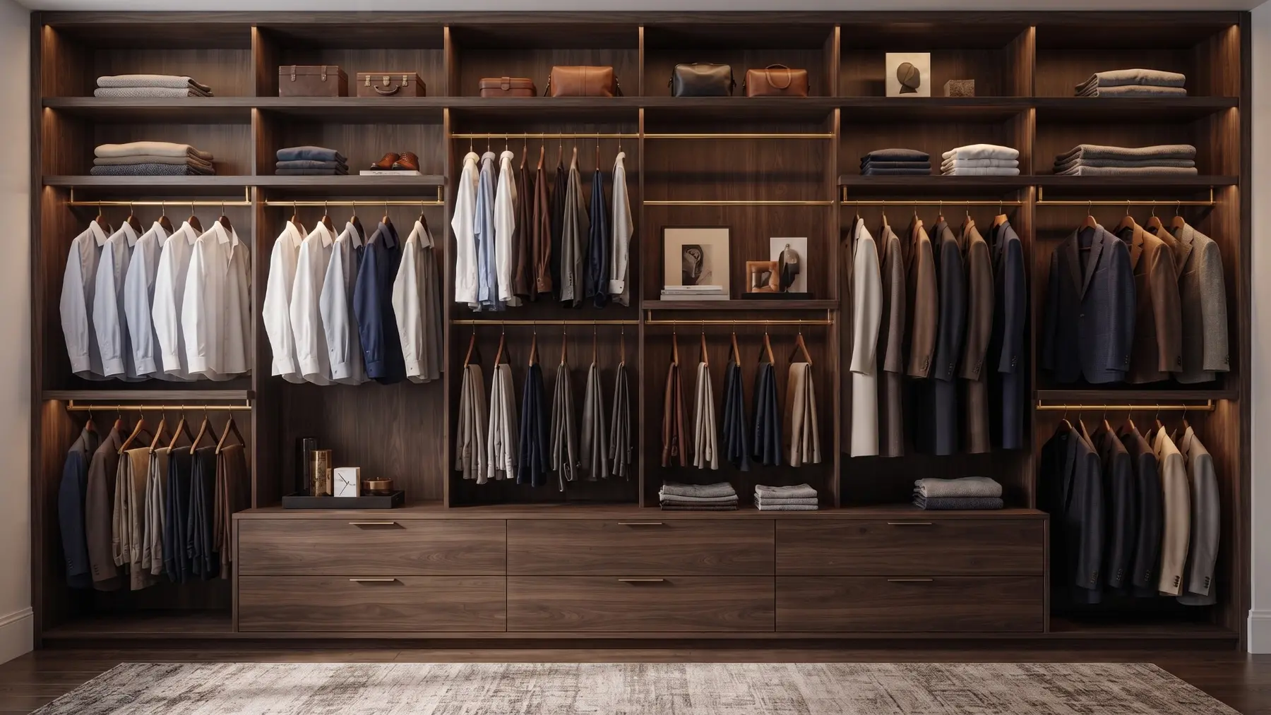 Wall-to-wall custom wardrobe with drawers and double hanging areas