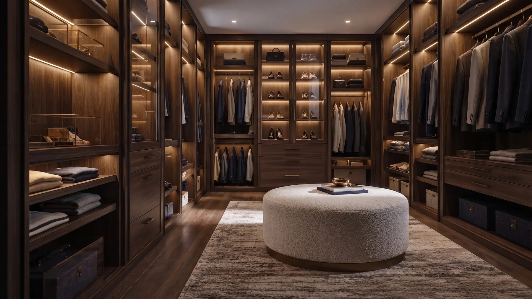 Spacious walnut dressing room with illuminated shelving and ottoman