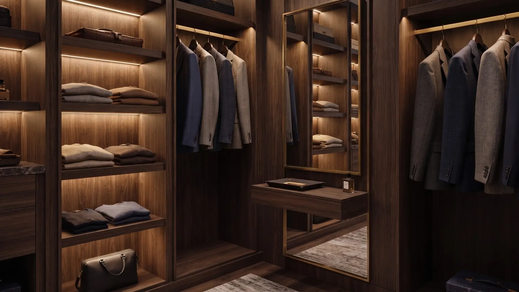 Custom wardrobe with glass cabinetry, mirror and illuminated shelving